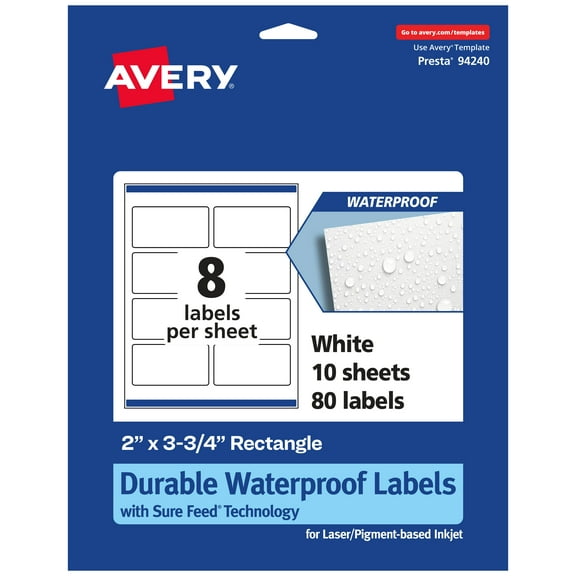 Avery 2" x 3-3/4" Waterproof Rectangle Labels, 80 Labels