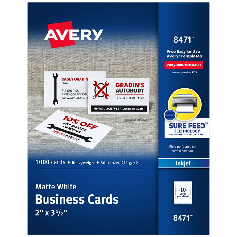 Avery 2 x 3.5 Business Cards, Sure Feed Technology, Inkjet, 1,000 Cards  (8471)