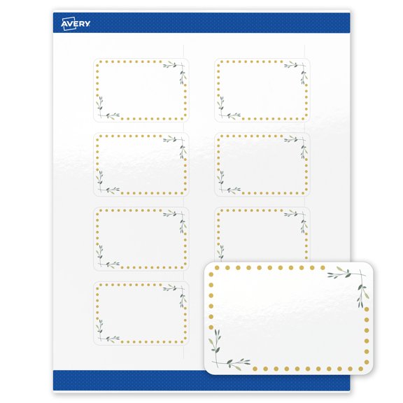 Avery 2" x 3" Labels, Gold Dots with Green Florals, 80 ct, Glossy, Green Florals with Gold Dots