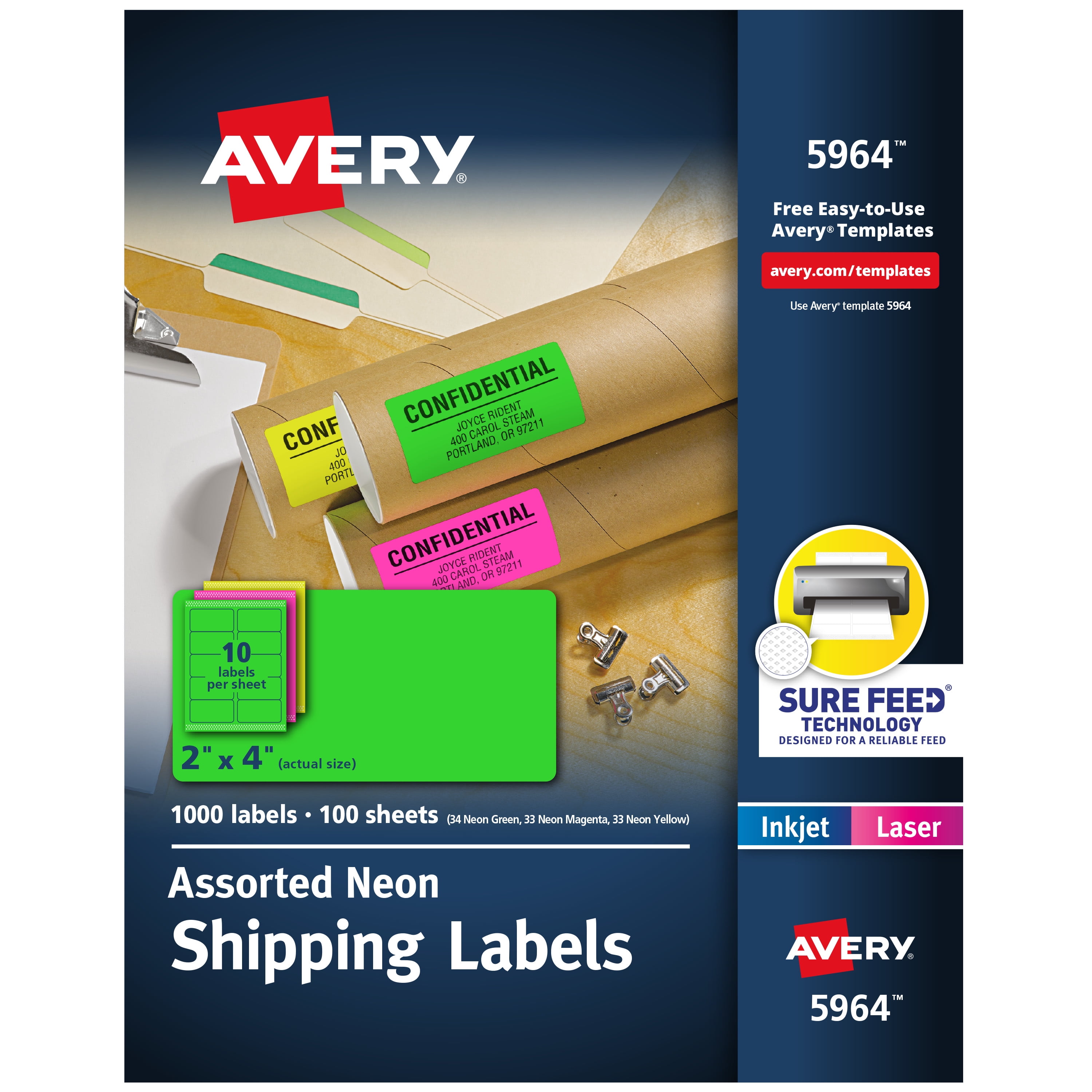 Avery Shipping Labels, 2"x 4", Assorted Neon, 1,000 Total (5964)