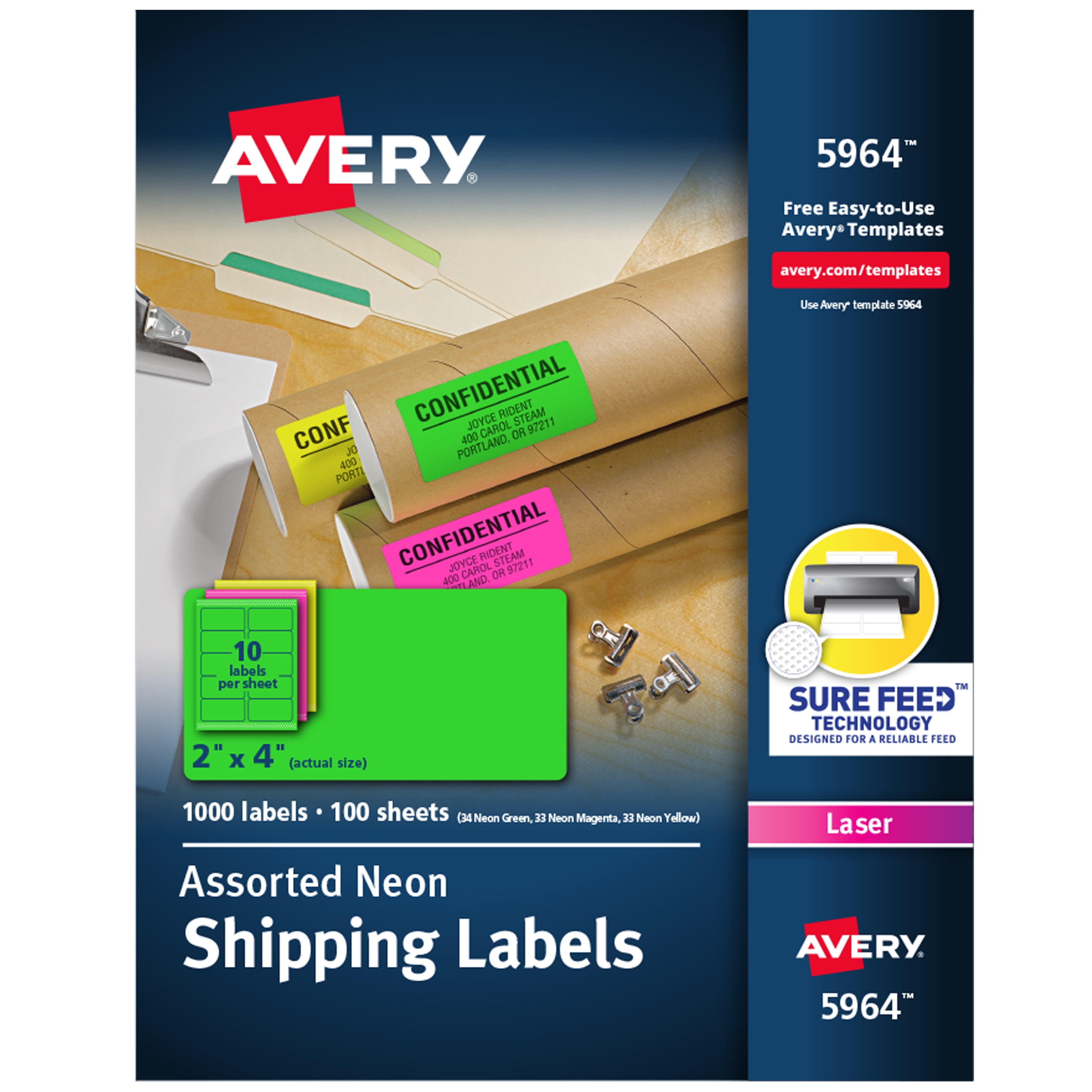 Avery 2"x 4" Neon Shipping Labels with Sure Feed, 1,000 Labels (5964 ...