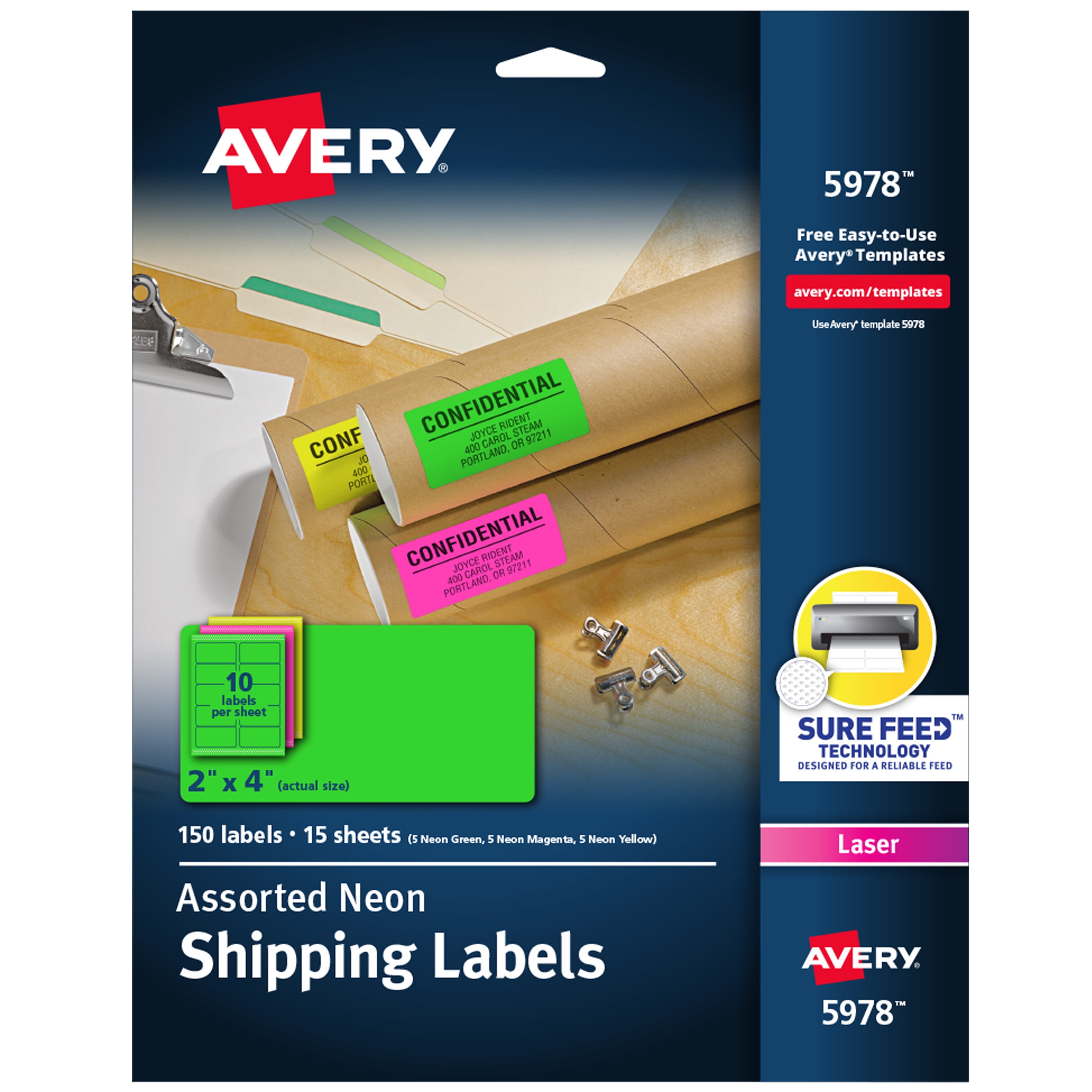 Avery 2"x4" Neon Shipping Labels, Sure Feed, 150 Labels (5978)