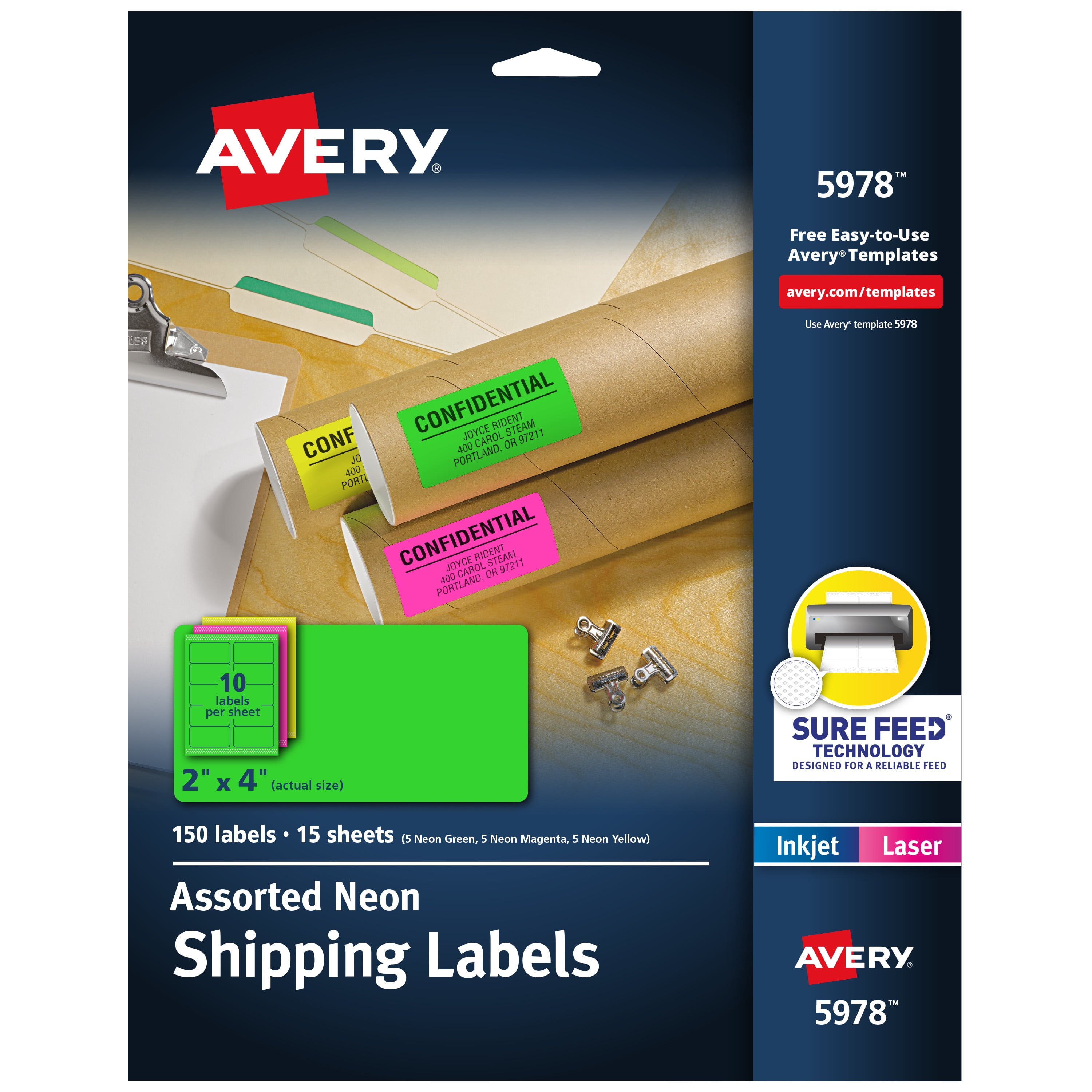 Avery Address Labels, 2" x 4", Assorted Neon, 150 Total (5978)