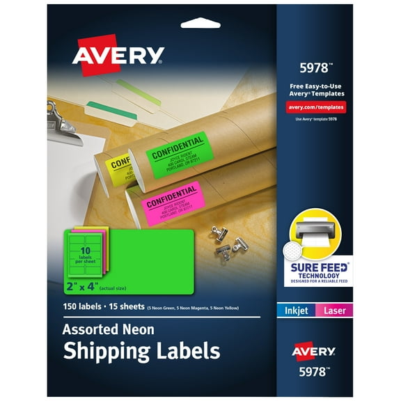 Avery Address Labels, 2" x 4", Assorted Neon, 150 Total (5978)