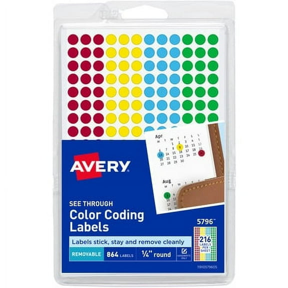 Avery-2PK Handwrite-Only Self-Adhesive "See Through" Removable Round Color Dots, 0.25" Dia., Assorted, 216/She