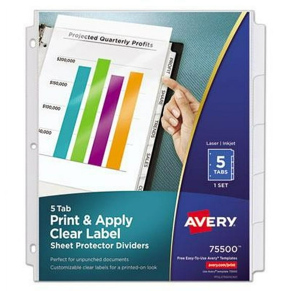 Avery-2PK Print And Apply Index Maker Clear Label Sheet Protector Dividers With White Tabs, 5-Tab, 11 X 8.5, W