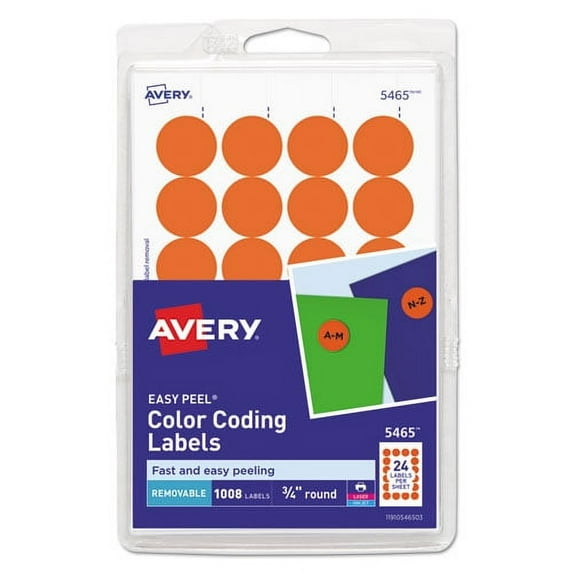 Avery 2PK Printable Self-Adhesive Removable Color-Coding Labels, 0.75\" dia, Orange, 24/Sheet, 42 Sheets/Pack, (5465)