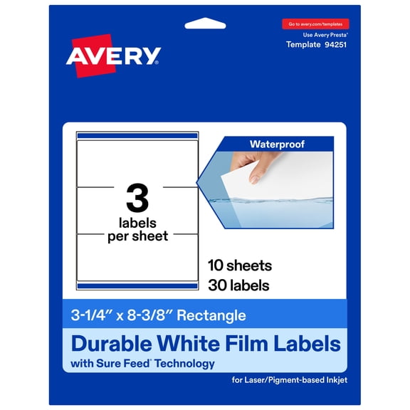 Avery 3-1/4" x 8-3/8" Waterproof Rectangle Labels, 30 Labels