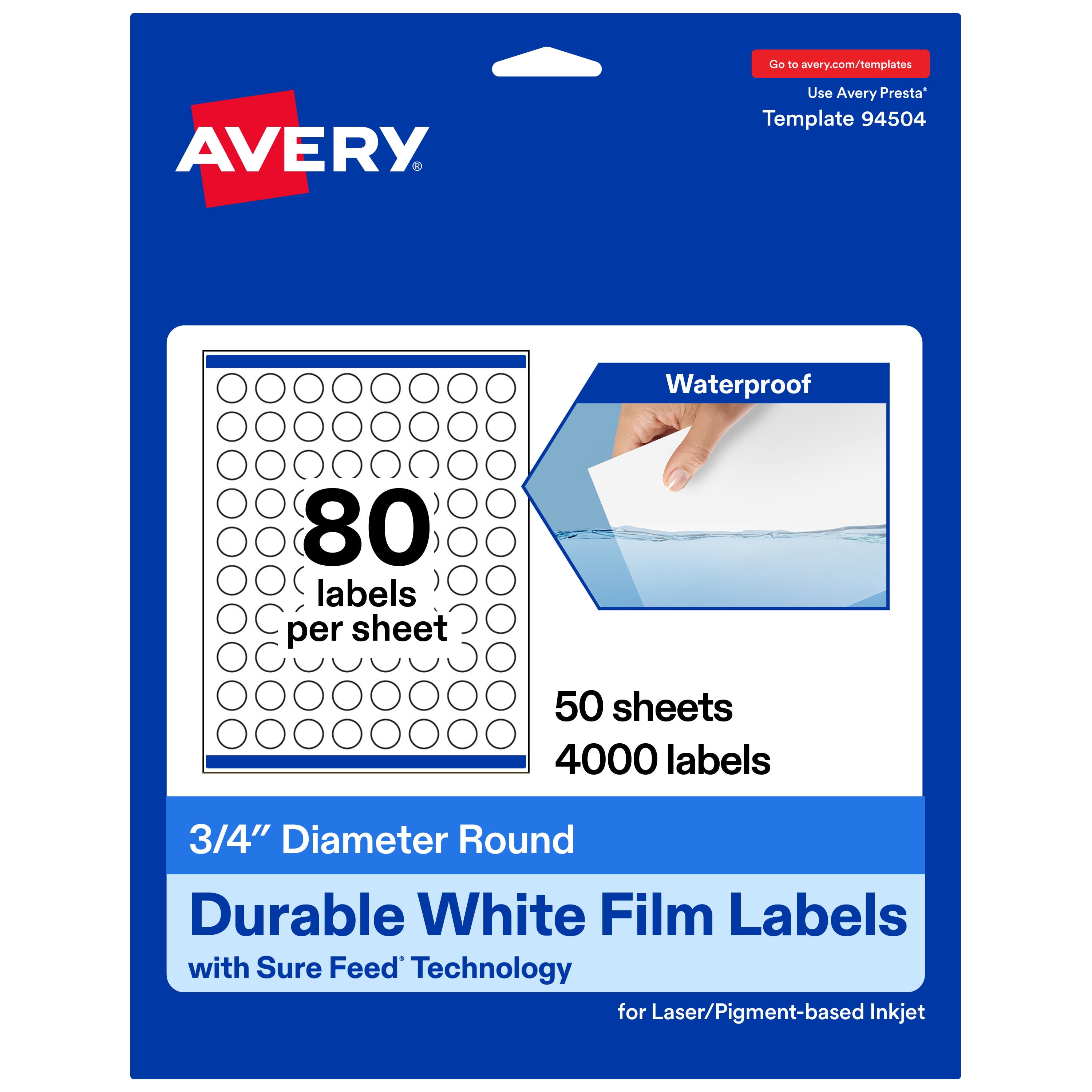 Avery 3/4" Diameter Waterproof Round Labels, 4,000 Labels