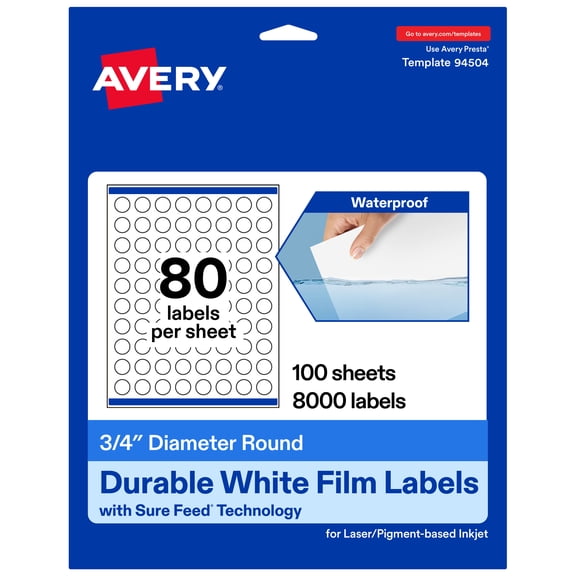Avery 3/4" Diameter Waterproof Round Labels, 8,000 Labels