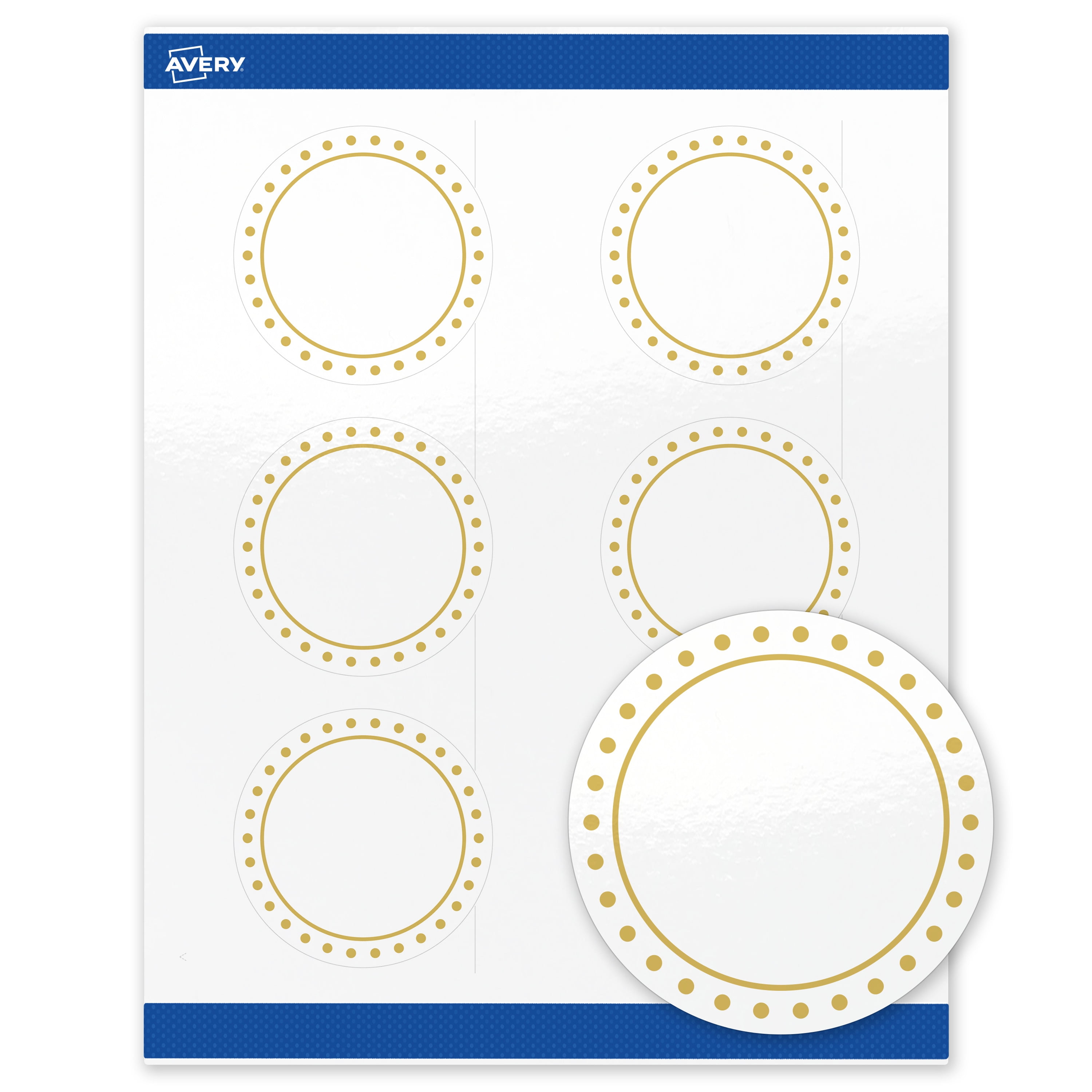 Avery 3" Diameter Labels, Gold Border with Gold Dots, 60 ct, Glossy, Gold Border with Gold Dots