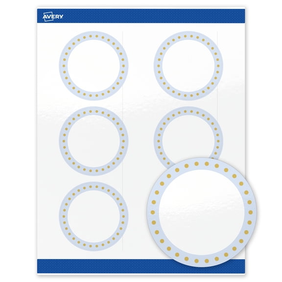 Avery 3" Diameter Labels, Gold Dots with Blue Border, 60 ct, Glossy, Blue Border with Gold Dots