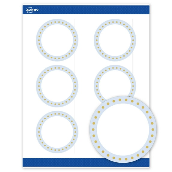 Avery 3" Diameter Labels, Gold Dots with Blue Border, 60 ct, Matte, Blue Border with Gold Dots