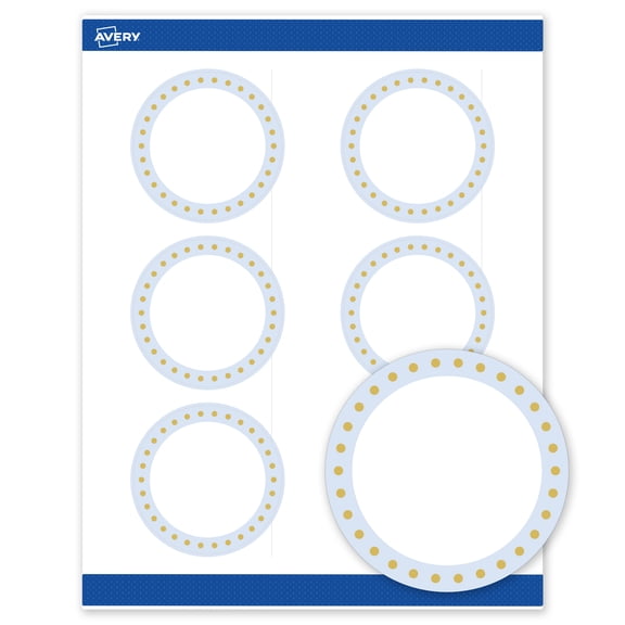 Avery 3" Diameter Labels, Gold Dots with Blue Border, 60 ct, Matte, Blue Border with Gold Dots