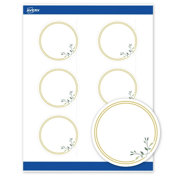 Avery 3" Diameter Labels, Gold Double Border with Florals, 60 ct, Matte, Double Gold Border with Florals