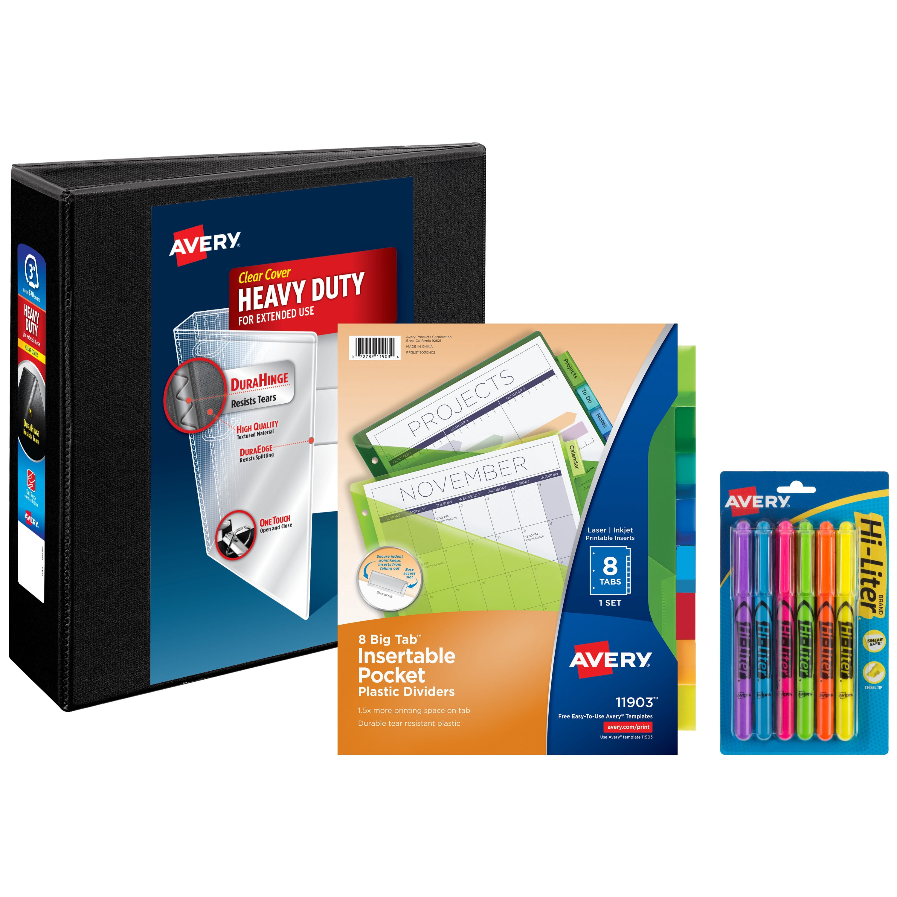 Avery 3" Ring Binder, 8 Tab Dividers, Highlighters, Set (01682)