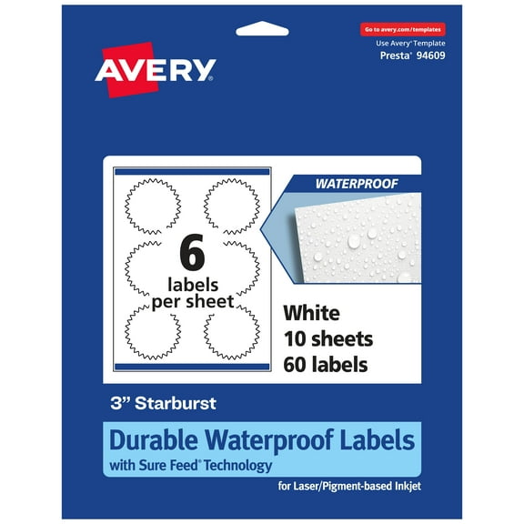 Avery 3" Waterproof Starburst Labels, 60 Labels