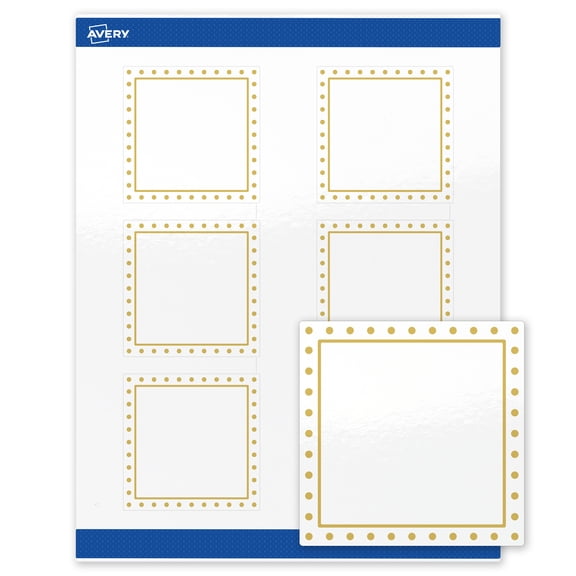 Avery 3" x 3" Labels, Gold Border with Gold Dots, 60 ct, Glossy, Gold Border with Gold Dots