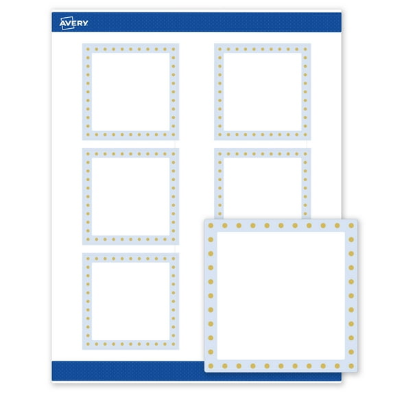 Avery 3" x 3" Labels, Gold Dots with Blue Border, 60 ct, Matte, Blue Border with Gold Dots
