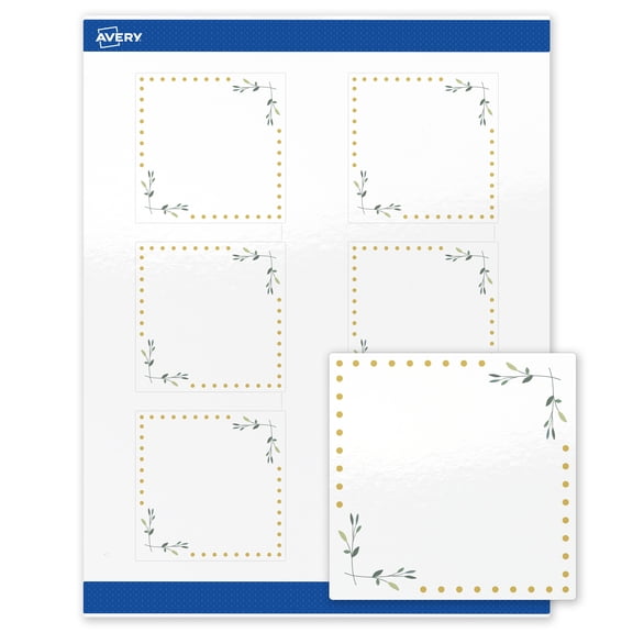 Avery 3" x 3" Labels, Gold Dots with Green Florals, 60 ct, Glossy, Green Florals with Gold Dots