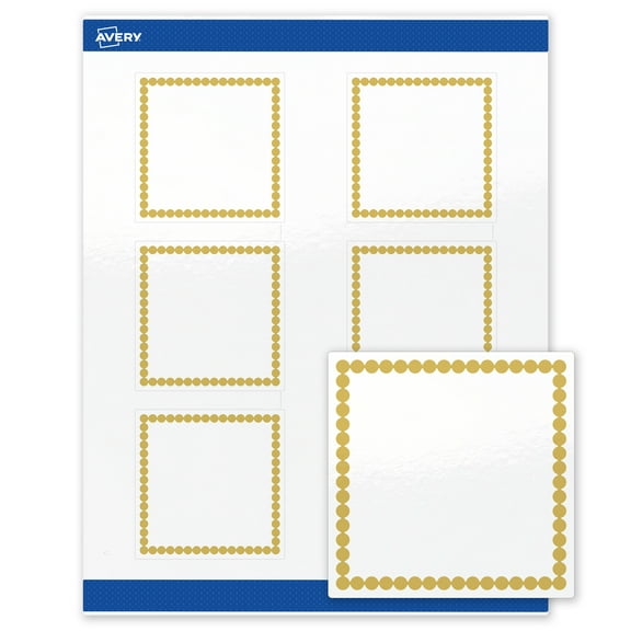 Avery 3" x 3" Labels, Pre-Printed Gold Beads Design, 60 ct, Glossy, Gold Beads