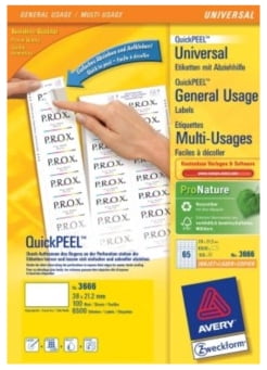 Avery 3666 self-Adhesive Multipurpose/Copier Labels, 65 Labels per A4 Sheet, White, 100 Sheets