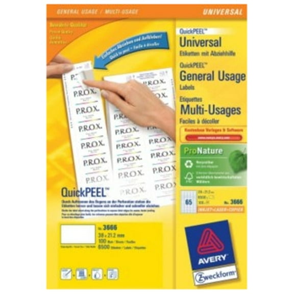 Avery 3666 self-Adhesive Multipurpose/Copier Labels, 65 Labels per A4 Sheet, White, 100 Sheets