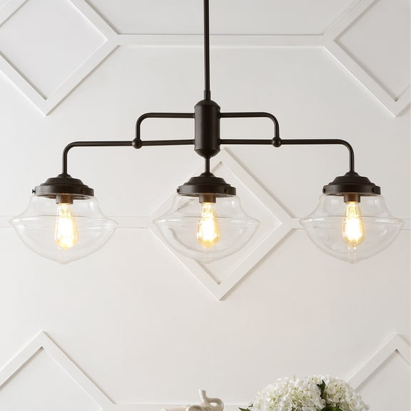 JONATHAN Y Avery 37.5" 3-Light Industrial Farmhouse Rustic Iron/Glass Linear LED Pendant, Oil Rubbed Bronze/Clear