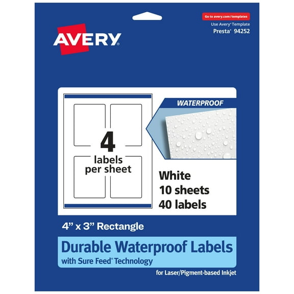 Avery 4" x 3" Waterproof Rectangle Labels, 40 Labels
