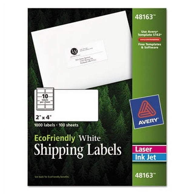 Avery 48163 EcoFriendly Laser/Inkjet Mailing Labels, 2 x 4, White, 1000 ...