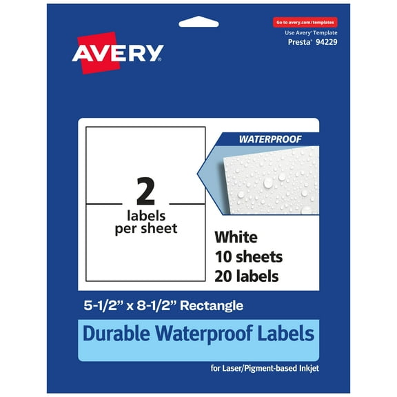 Avery 5-1/2" x 8-1/2" Waterproof Rectangle Labels, 20 Labels