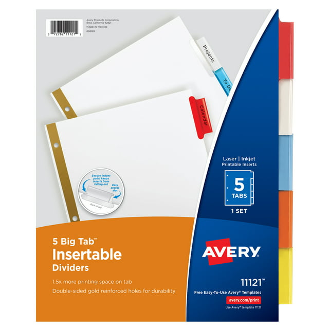Avery 5-Tab Binder Dividers, Insertable Multicolor Big Tabs, 1 Set (11121)