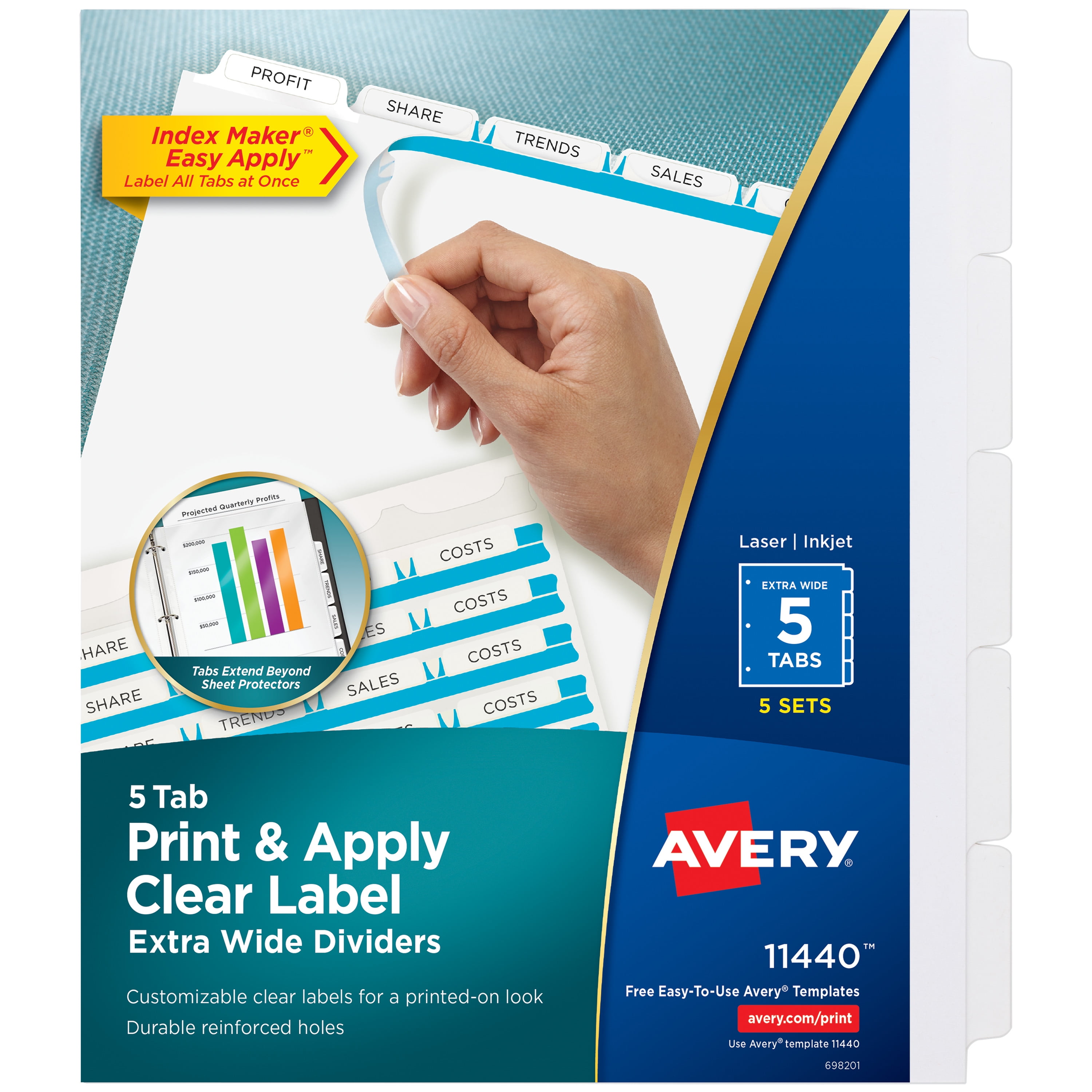 Avery 5-Tab Extra-Wide Dividers, Index Maker Tabs, 5 Sets (11440)