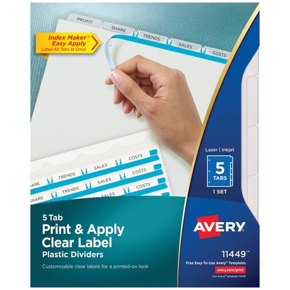 Avery 5-Tab Plastic Dividers, Easy Print & Apply Clear Label Strip, Index Maker, 1 Set (11449)