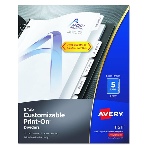 Avery 5-Tab Print-On Dividers, White Tabs, 1 Set (11511)