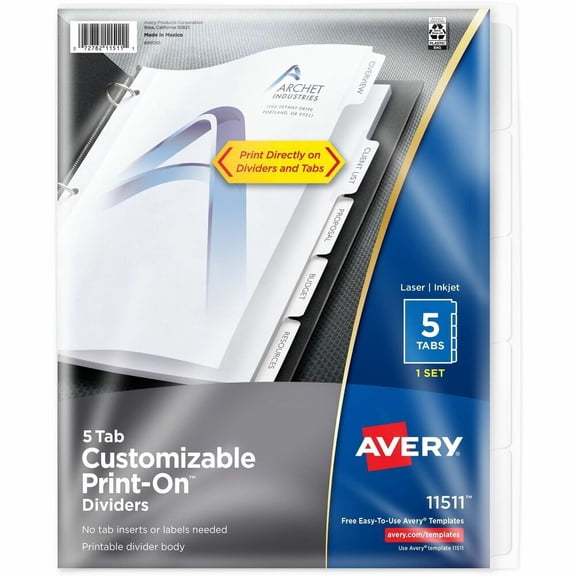 Avery 5-Tab Print-On Dividers, White Tabs, 1 Set (11511)