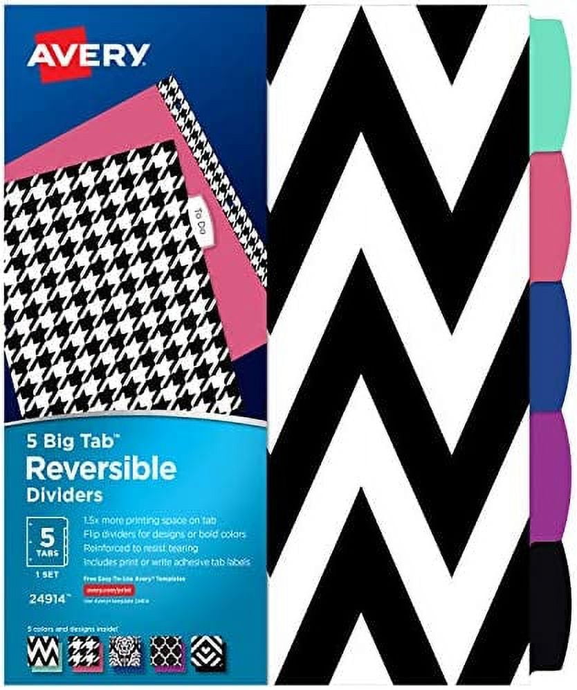 Avery 5 Tab Reversible Fashion Binder Dividers, Assorted Designs, Big