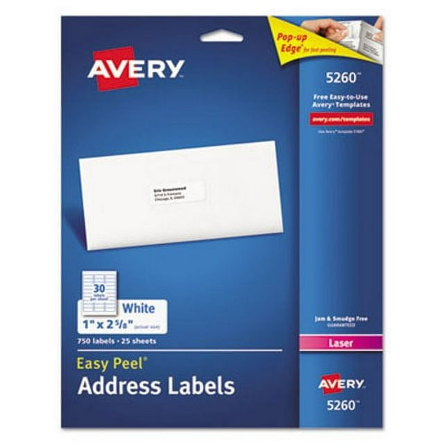 Avery 5260 Easy Peel White Address Labels, 1" x 25/8", 750 Labels