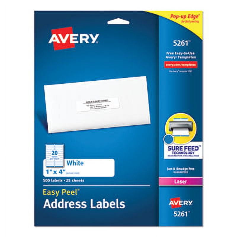 Avery 5261 Easy Peel Mailing Address Labels, Laser, 1 X 4, White, 500/Pack