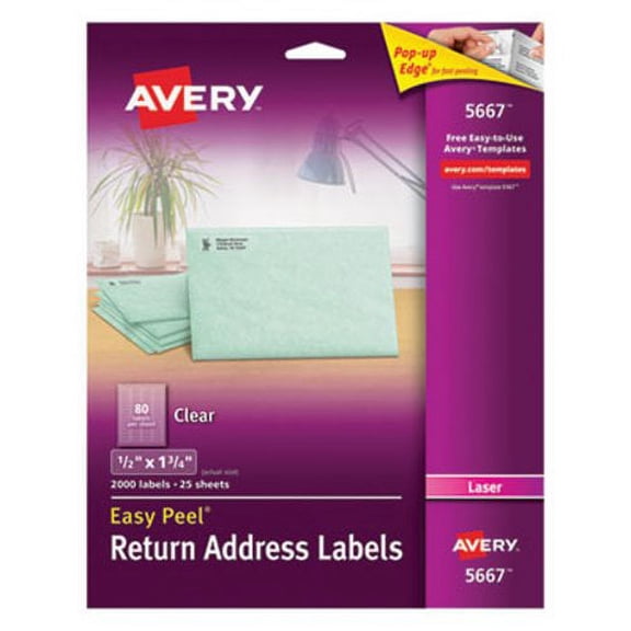Avery 5667 Clear Return Address Labels, 1/2" x 1-3/4", 2,000 Labels , Each