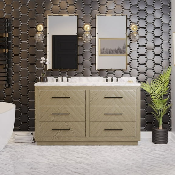 Avery 60" Double Bathroom Vanity with Gray Oak Cabinet and Carrara Marble Top
