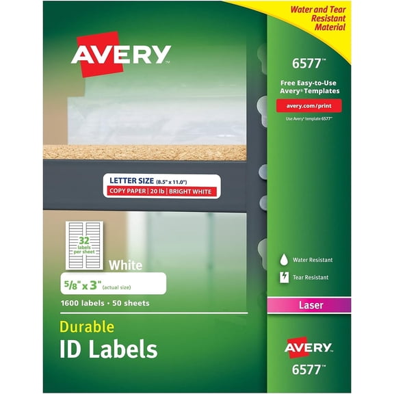 Avery 6577 Durable Id Labels,Laser,Permanent,5/8-Inch X3-Inch,1600/Bx,We