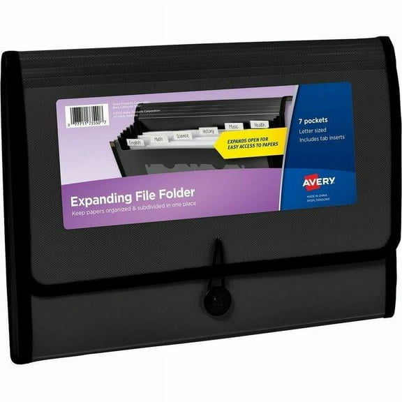 Avery 73550 7 Sections Hook/Loop Closure Letter Size Expanding File Folder Organizer - Black