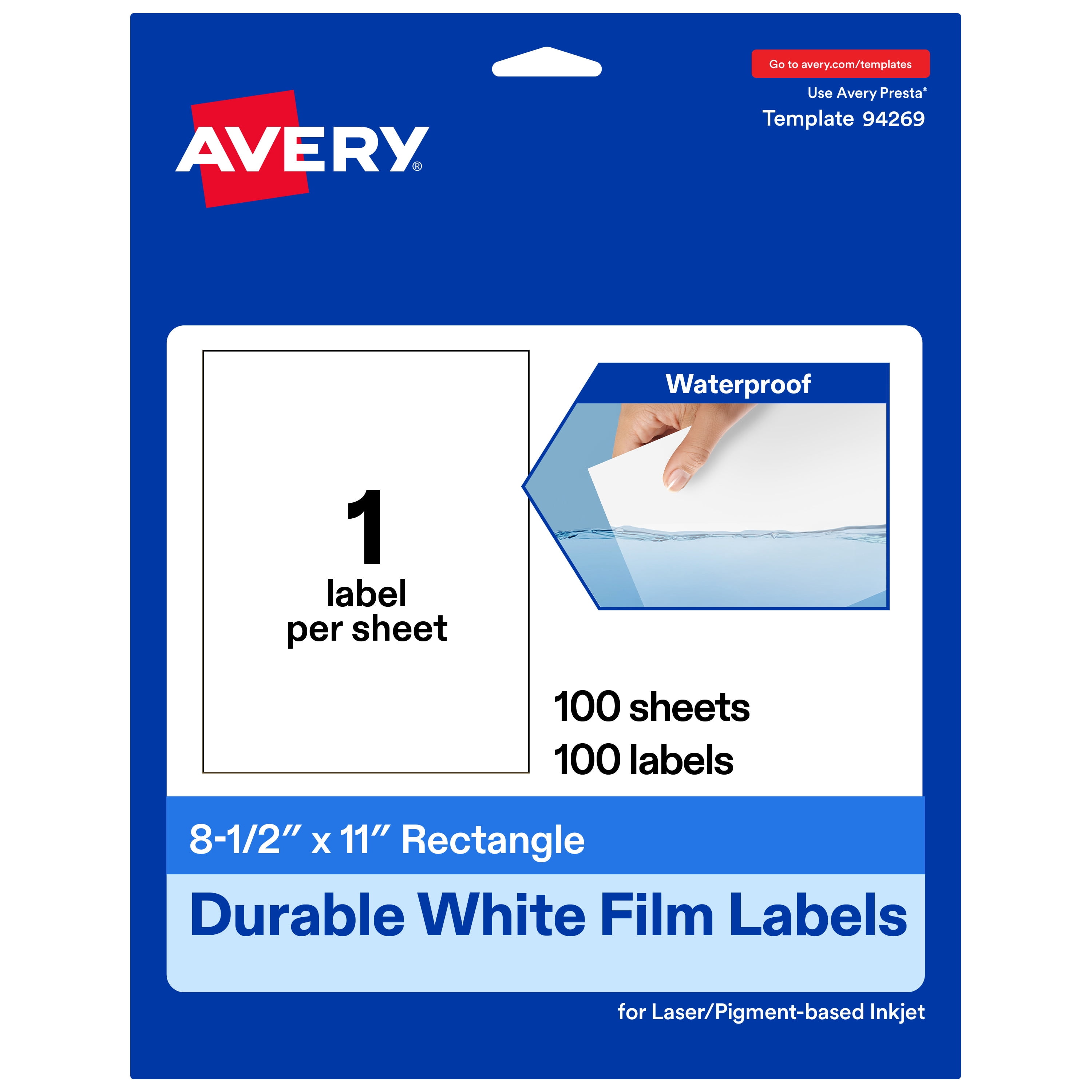 Avery 8-1/2" x 11" Waterproof Rectangle Labels, 100 Labels