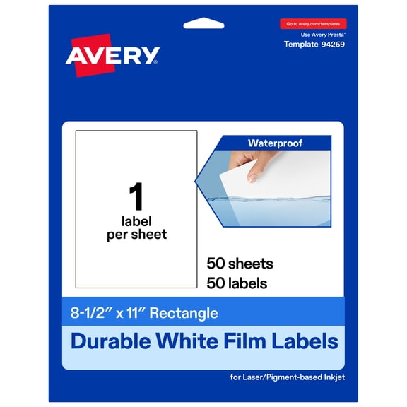 Avery 8-1/2" x 11" Waterproof Rectangle Labels, 50 Labels