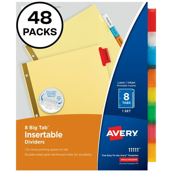 Avery Big Tab Insertable Dividers, Buff Paper, Multicolor Tabs, 8-Tab Set (11111) - 48 Pack