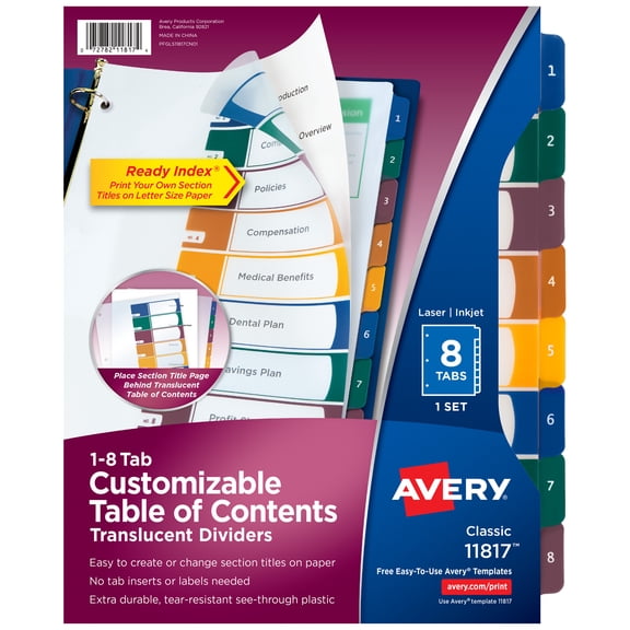 Avery 8 Tab Dividers, Customizable TOC, Multicolor, 1 Set (11817)