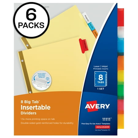 Avery 8-Tab Dividers, Insertable Multicolor Big Tabs, 6 Sets
