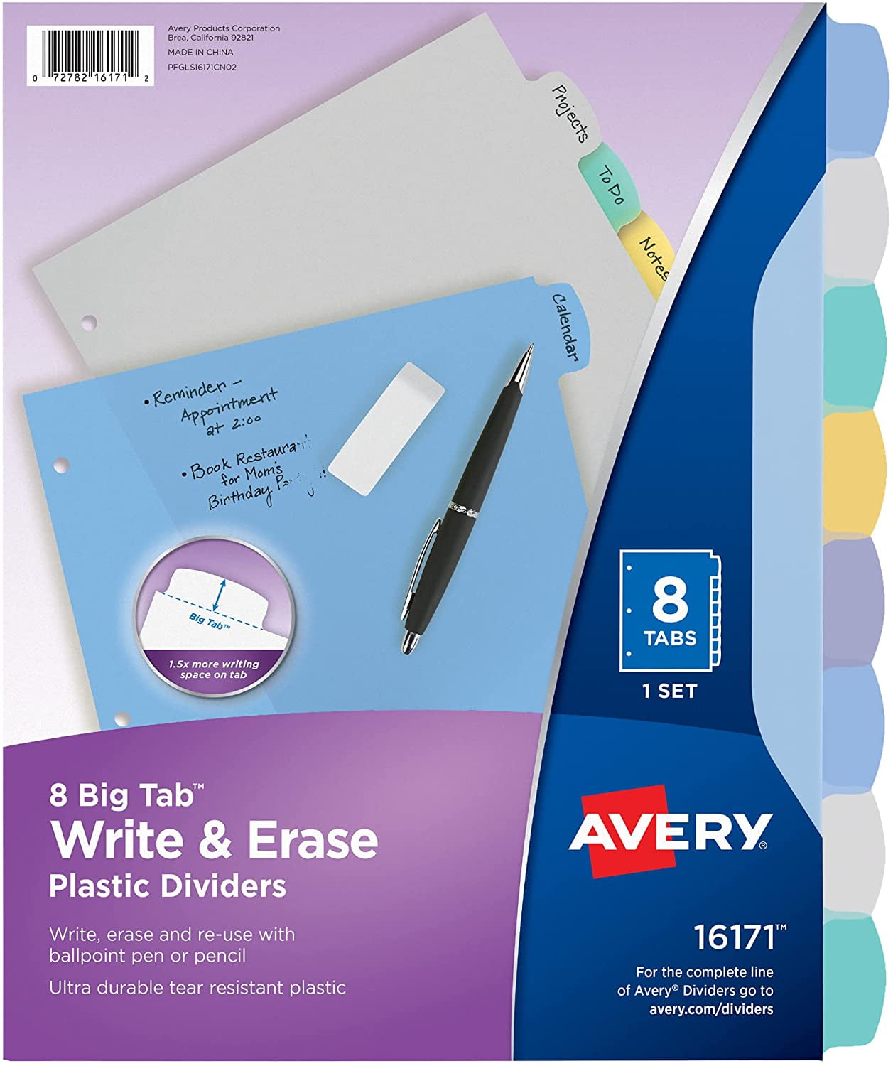 Avery 8Tab Plastic Binder Dividers, Write & Erase Multicolor Big Tabs