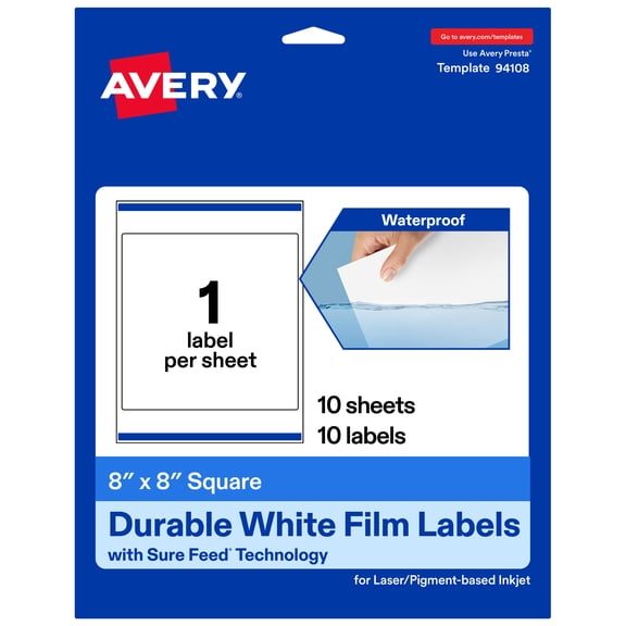 Avery 8" x 8" Waterproof Square Labels, 10 Labels